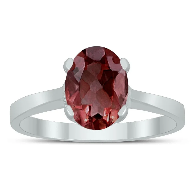 gold wedding bands for women -Oval Solitaire 8X6MM Garnet Ring in 10K White Gold