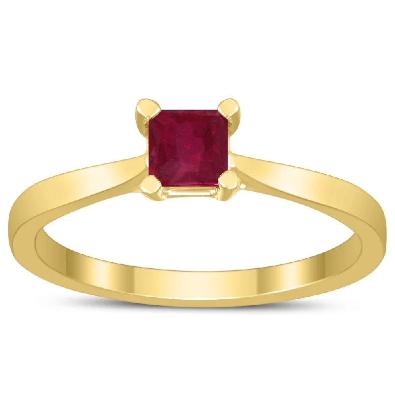 chunky rings for women -Square Princess Cut 4MM Ruby Solitaire Ring in 10K Yellow Gold