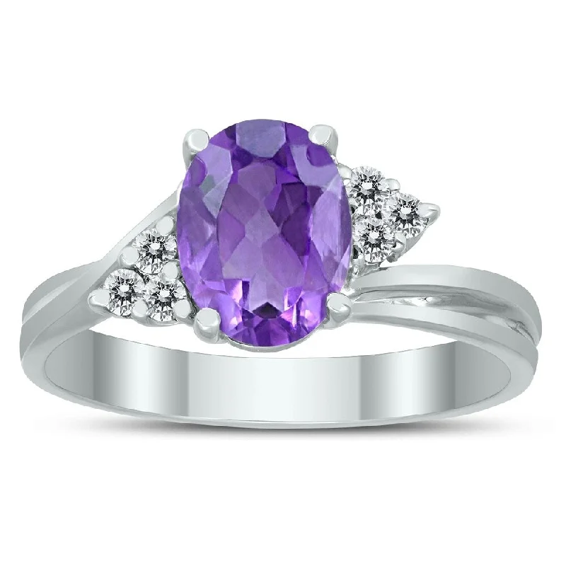 wedding rings with gemstones -8X6MM Amethyst and Diamond Twist Ring in 10K White Gold