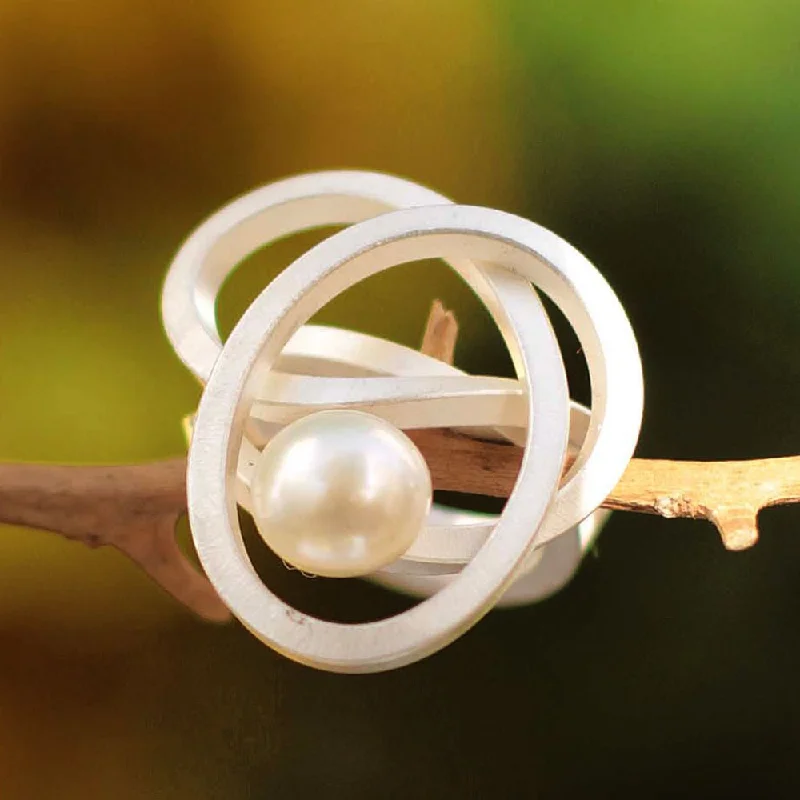 anniversary rings with gemstones -Handmade Sterling Silver 'White Pearl Knot' Pearl Ring (8.5mm) (Peru)