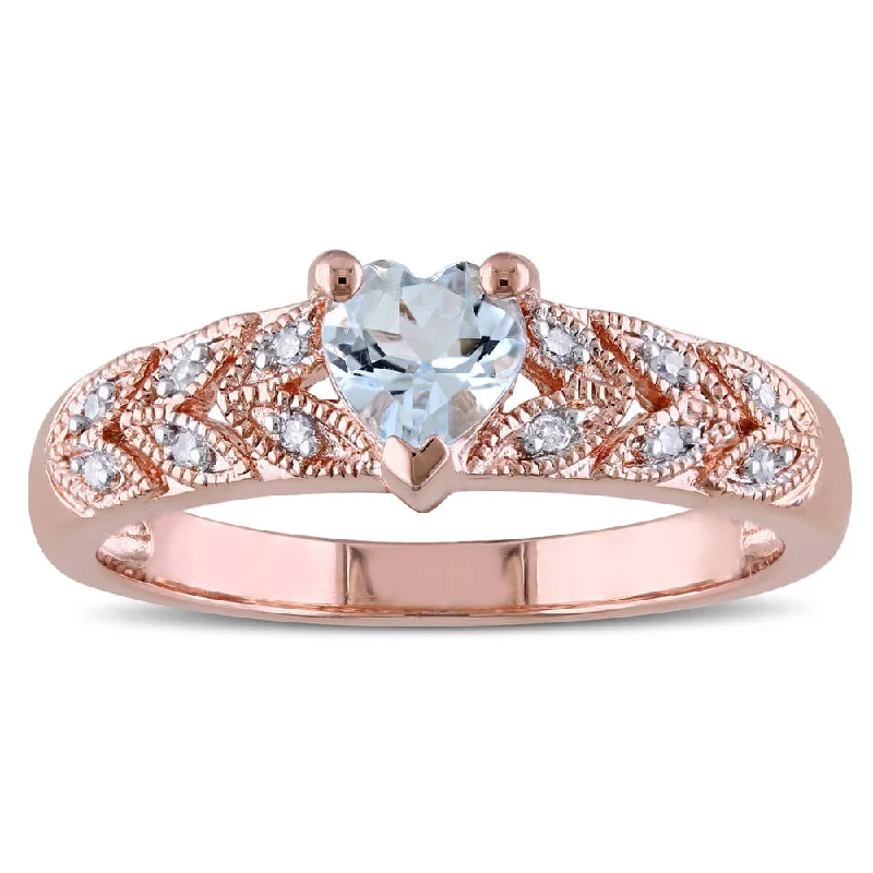 diamond wedding rings for women -Miadora Rose Plated Sterling Silver Aquamarine and Diamond Accent Heart Petal Ring - Blue