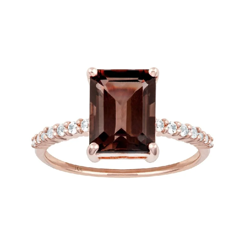 statement rings for women -Viducci 10k Rose Gold Emerald-Cut Smoky Quartz and White Topaz Ring