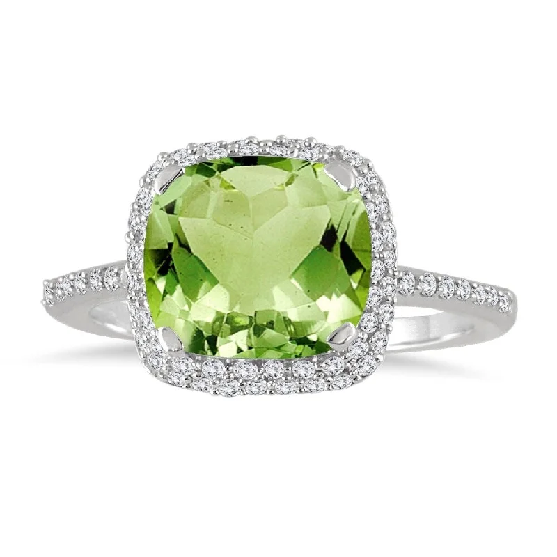 wedding bands with diamonds -Cushion Cut Peridot and Diamond Halo Ring in 10K White Gold