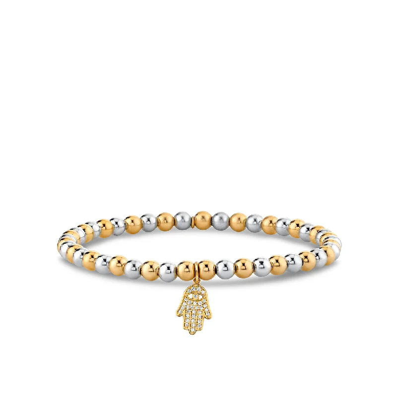 luxury tennis bracelets -Gold & Diamond Hamsa on Two-Tone Gold Beads