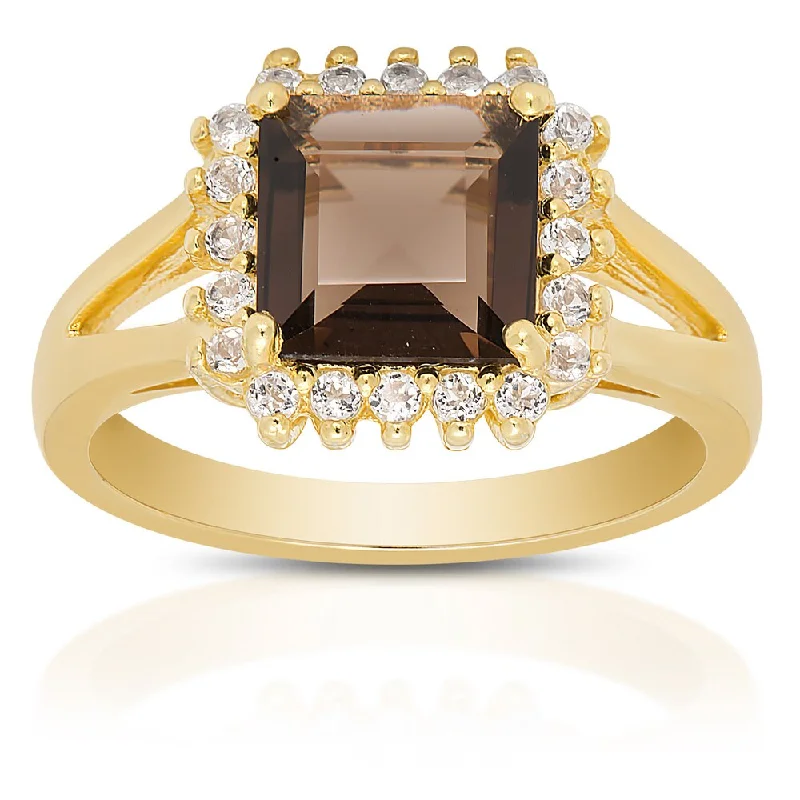 unique rings for women -Dolce Giavonna Gold Over Sterling Silver Smokey Quartz and White Topaz Gemstone Ring