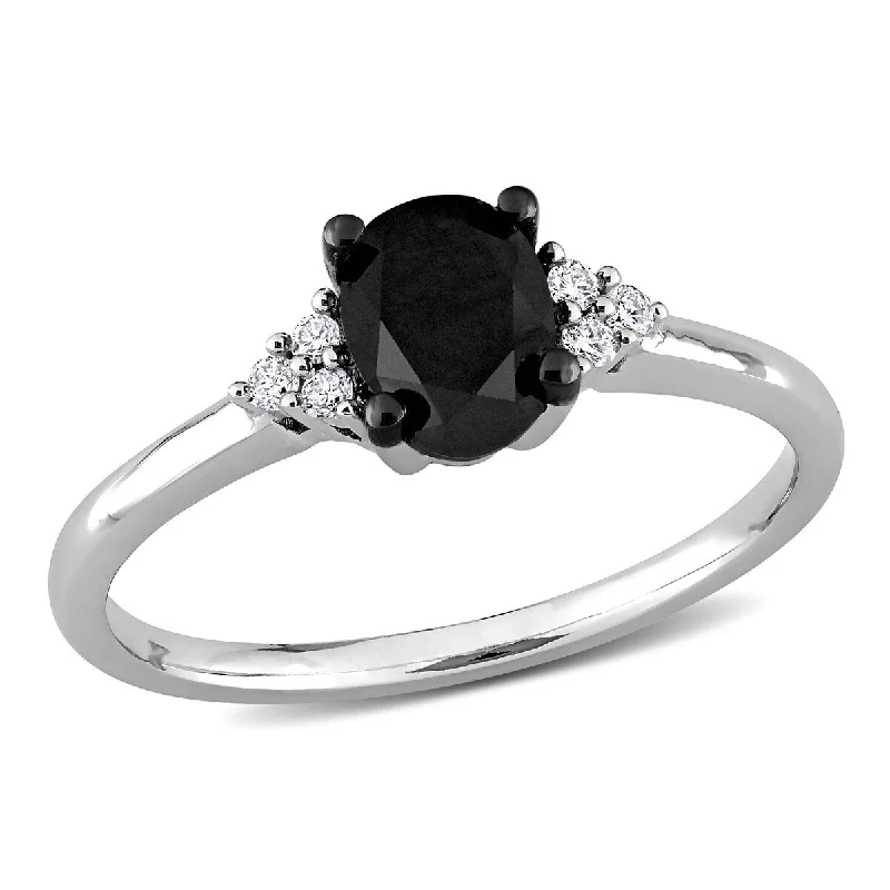 diamond wedding rings for women -Miadora 1ct TW Round Oval-Cut Black White Diamond Stud Ring in 14k White Gold