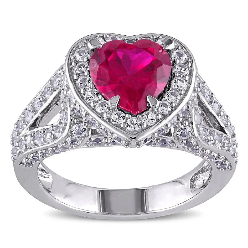 diamond rings for women -Miadora Sterling Silver Created Ruby and Created White Sapphire Heart Ring