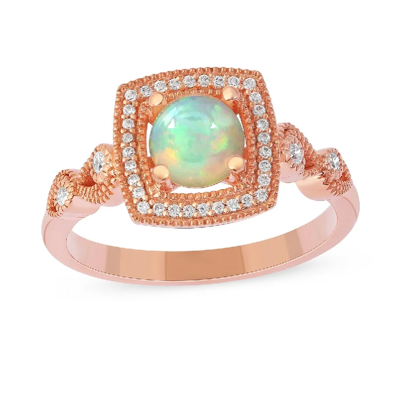 fashion promise rings -Opal Gemstone 1/8ct TDW Diamond Halo Ring in 10k Rose Gold