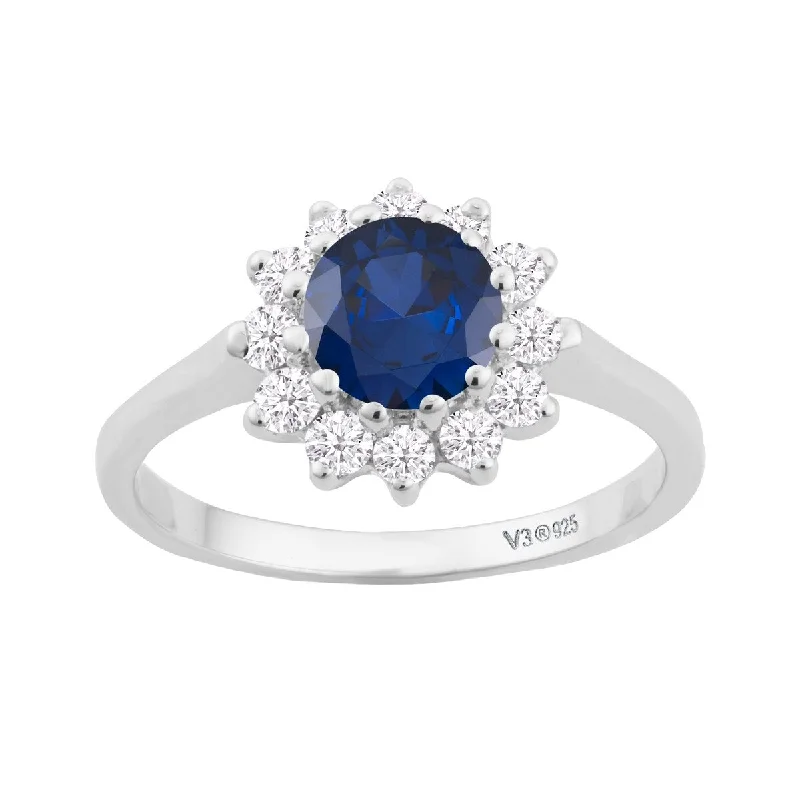 wedding rings with gemstones -Sterling Silver with Blue Sapphire and White Topaz Halo Ring