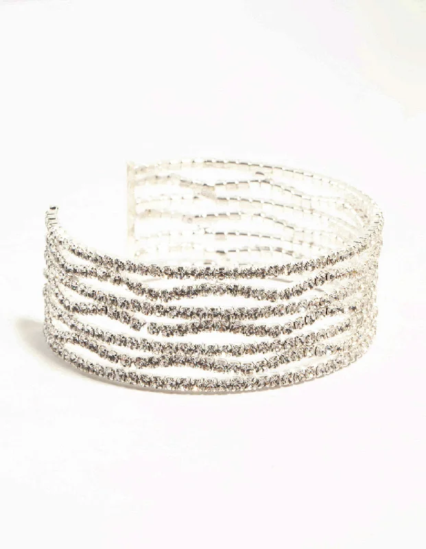 vintage bracelets for women -Silver Straight & Wave Diamante Wrist Cuff