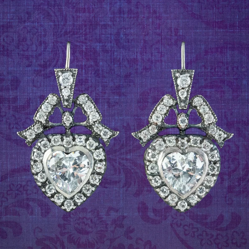 fancy earrings for women -Edwardian Style Cubic Zirconia Heart Earrings Sterling Silver