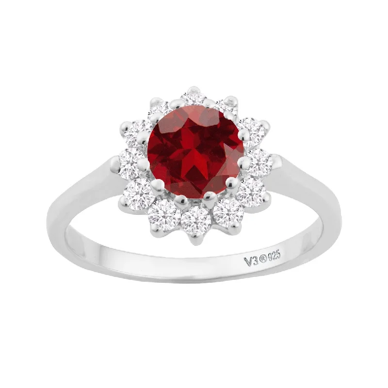 luxury rings for women -Sterling Silver with Natural Garnet and White Topaz Halo Ring