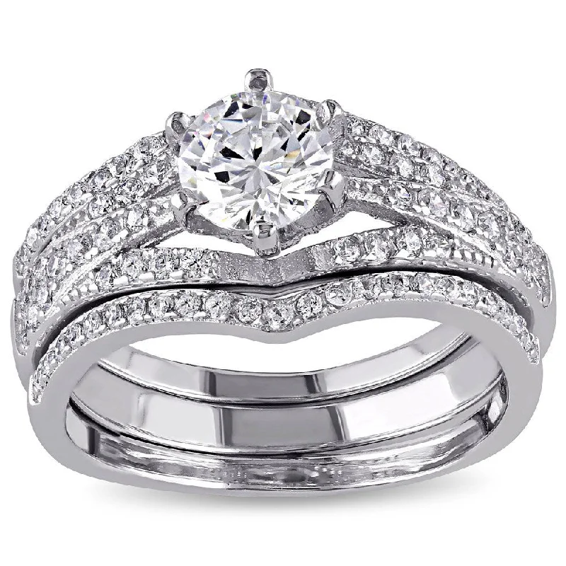 engagement rings with diamonds -Miadora Sterling Silver Cubic Zirconia 3-piece Bridal Ring Set