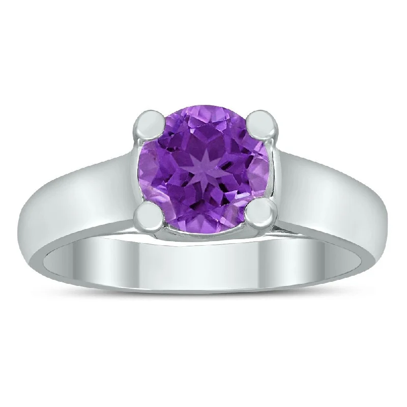 stackable rings for women -Round 7MM Amethyst Cathedral Solitaire Ring in 10K White Gold