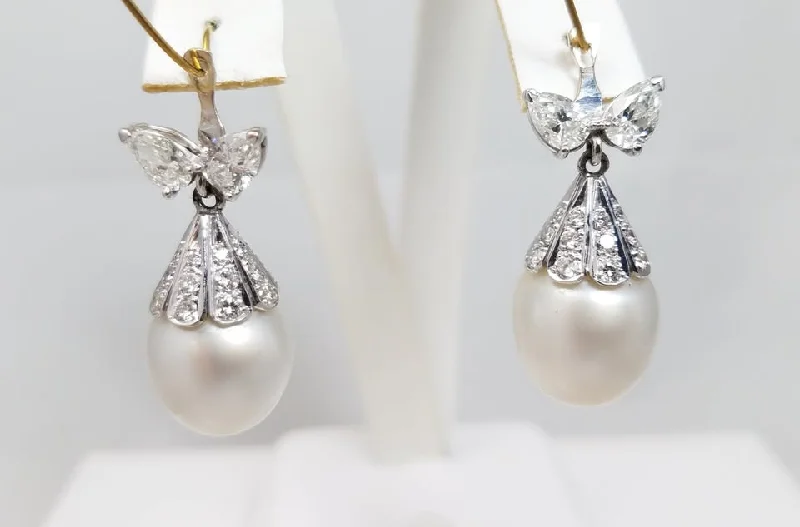 vintage drop earrings -Magnificent 14k White Gold South Sea Pearl Natural Diamond Dangle Earring Jackets