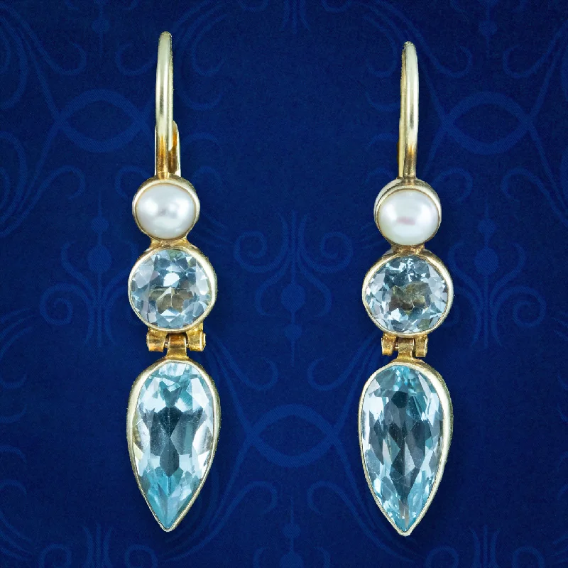 dangle earrings for women -Art Deco Style Blue Topaz Pearl Drop Earrings