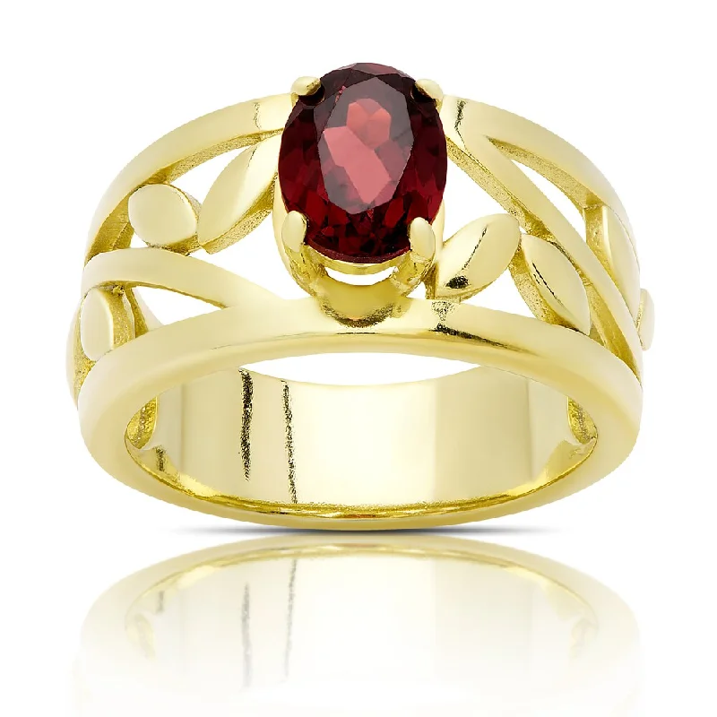 pearl rings for women -Dolce Giavonna Gold Over Sterling Silver Oval Garnet Leaf Design Ring