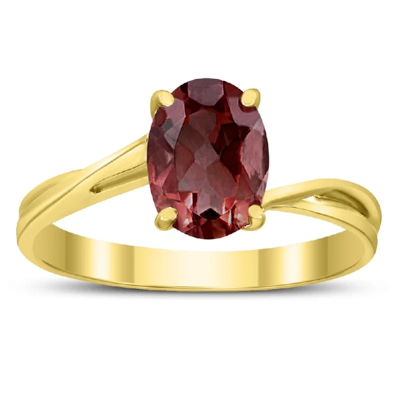 trendy rings for women -Solitaire Oval 8X6MM Garnet Gemstone Twist Ring in 10K Yellow Gold