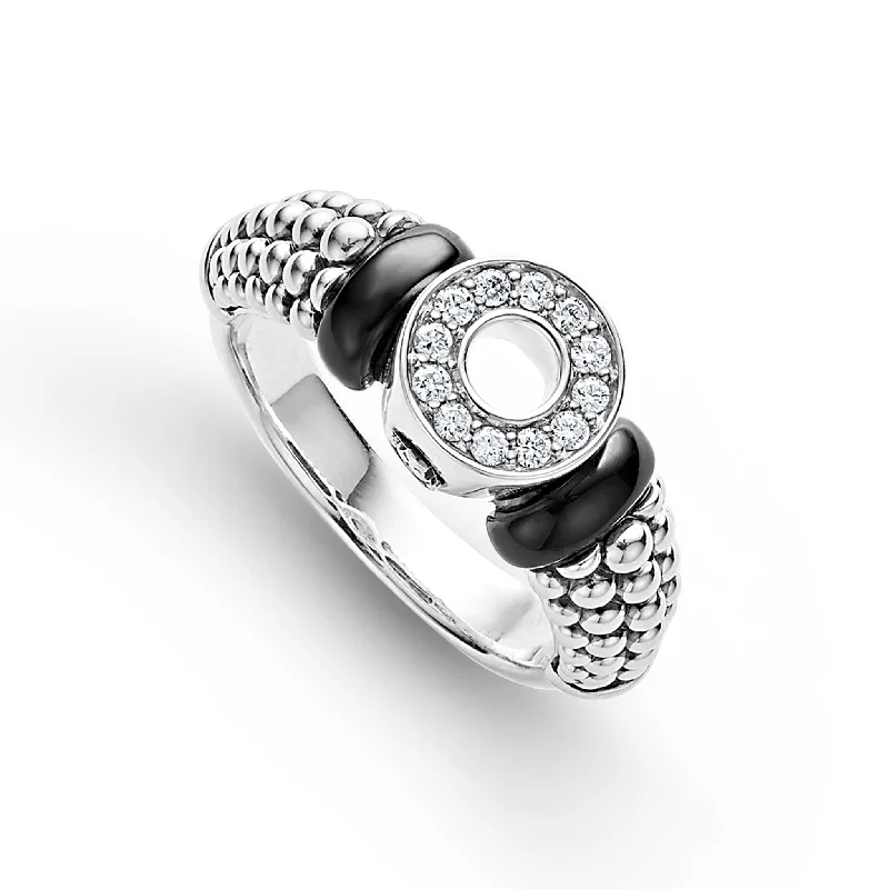 fashion gemstone rings for women -Black Caviar Black Ceramic and Diamond Circle Ring