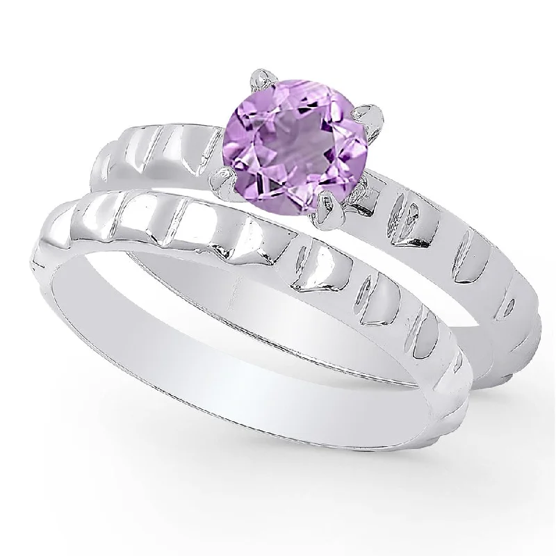 pearl rings for women -Dolce Giavonna Sterling Silver Amethyst Solitaire Bridal Ring Set