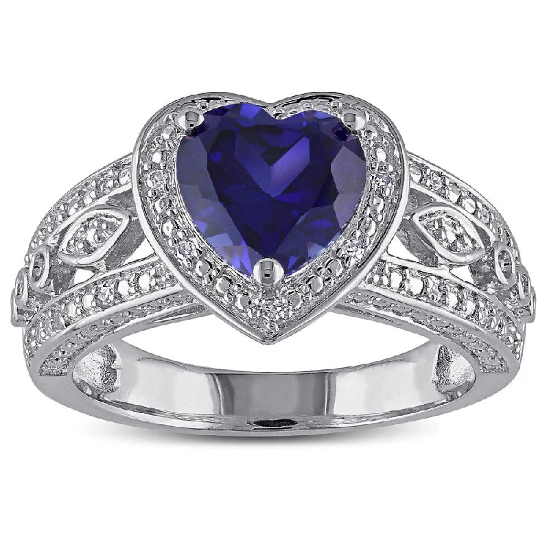 art deco rings for women -Miadora Sterling Silver Created Blue Sapphire and 1/10ct TDW Diamond Heart Halo Ring