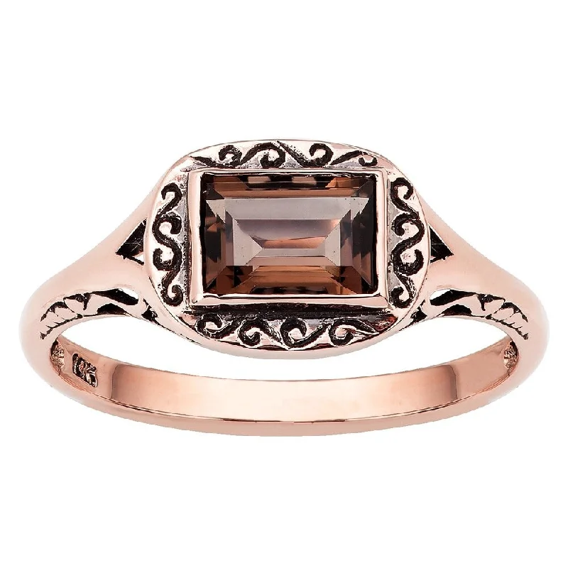 wedding rings for couples -Viducci 10k Rose Gold Vintage Style Smoky Quartz Scroll Ring