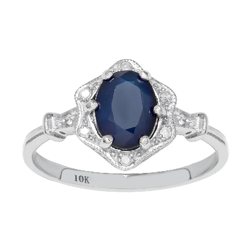 wedding rings with gemstones -Viducci 10k White Gold Vintage Style Genuine Oval Sapphire and Diamond Halo Ring