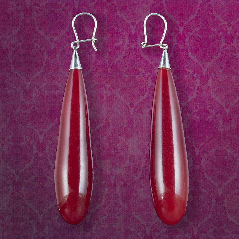 chic earrings for women -Antique Victorian Red Amber Drop Earrings Silver Wires