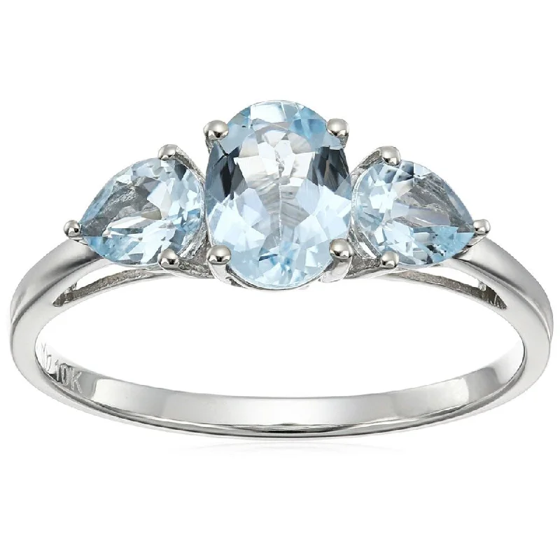 custom engraved rings -10k White Gold Aquamarine Oval and Pear 3-Stone Ring, Size 7