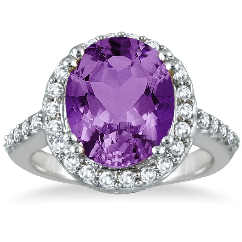 vintage rings for women -5 Carat Amethyst and Diamond Halo Ring in 14K White Gold