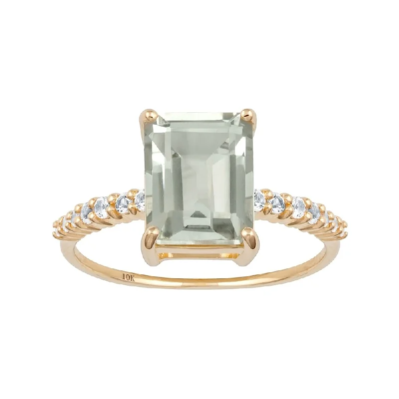 stackable rings for women -Viducci 10k Yellow Gold Emerald-Cut Green Amethyst and White Topaz Ring