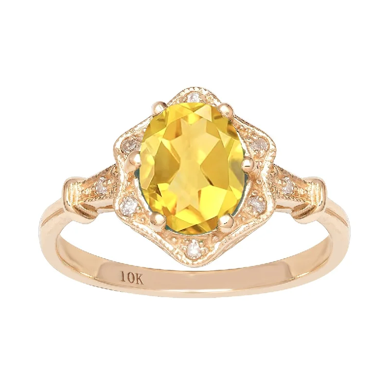 adjustable gold rings for women -Viducci 10k Yellow Gold Vintage Style Genuine Oval Citrine and Diamond Halo Ring