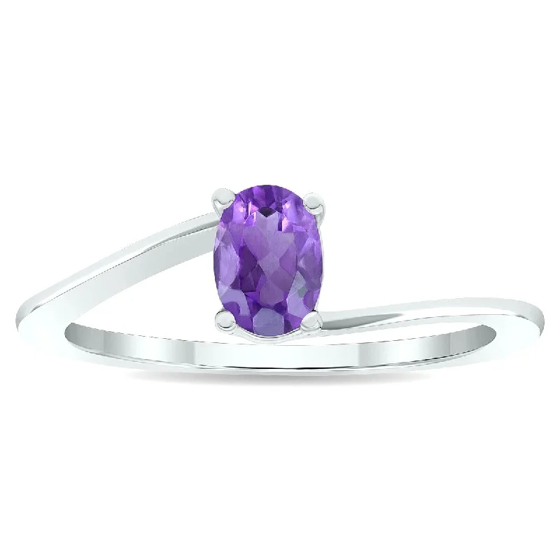 colorful gemstone rings -Women's Solitaire Amethyst Wave Ring in 10K White Gold