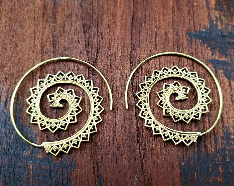 big hoop earrings for women -Mandala lace Spiral Hoop Threader Earrings