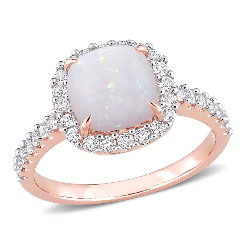 promise rings with birthstones -Miadora 2 3/8ct TGW Cushion-Cut Opal White Topaz Halo Ring in 10k Rose Gold