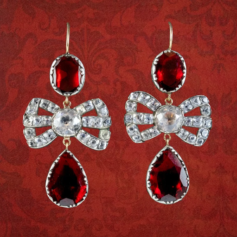 wedding earrings for women -Georgian Style Flat Cut Garnet Paste Bow Earrings Silver Gold Wires