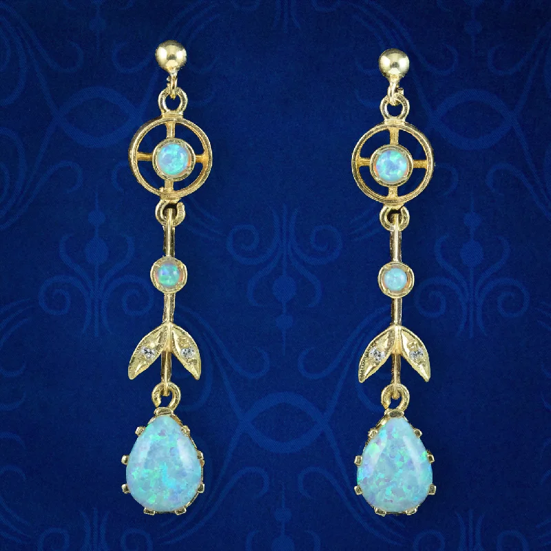 creative earrings for women -Edwardian Style Opal Drop Earrings Silver 18Ct Gold Gilt